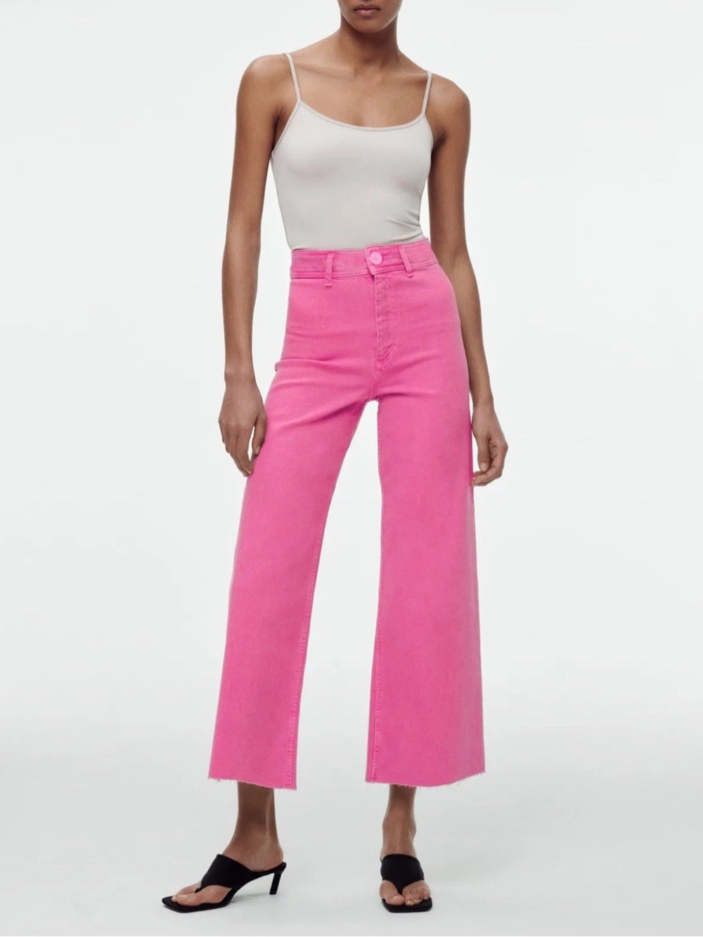 Zara Marine Straight Jean Waist Wide Leg Pink cropped raw hem 6 cotton stretch